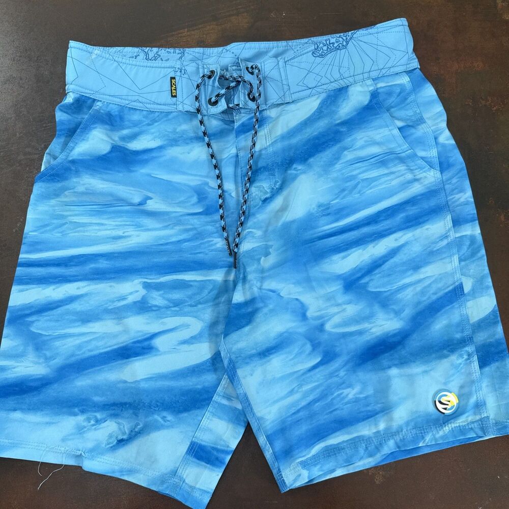 Scales First Mates Blue Fishing Swim Board Shorts Trunks Size 32 Beach Travel